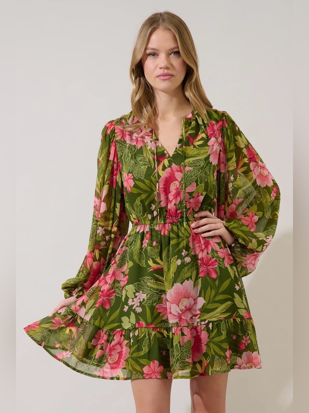 Sugarlips Lilikoi Green Floral Balloon Sleeve Mini Dress Size XS Tropical Boho